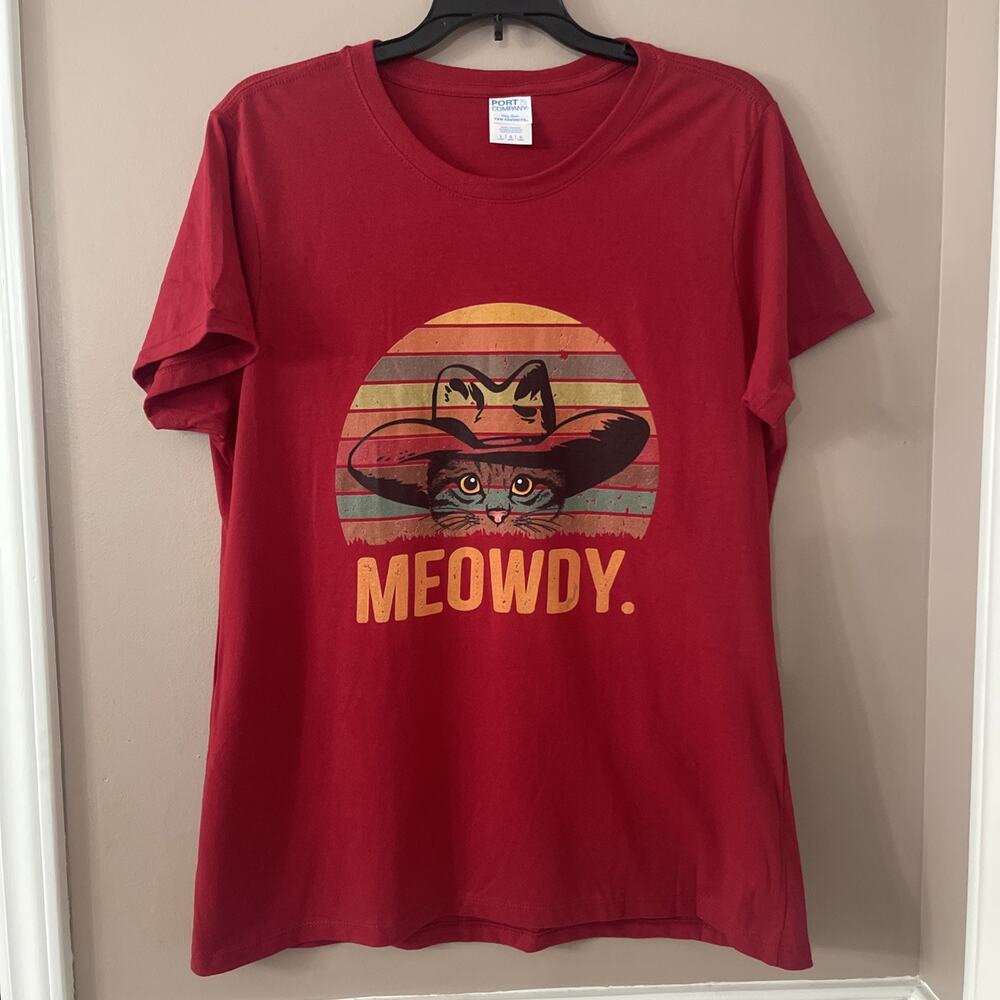Meowdy Funny Cat T-Shirt Womens Large Vintage Style Red Kitty Cowboy Hat Howdy